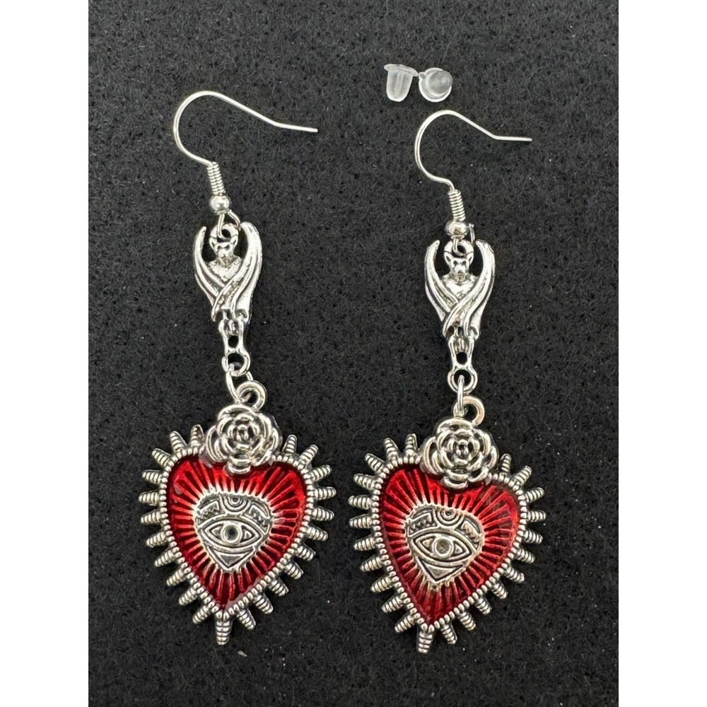 Red Enamel Sacred Heart Eye Dangle Hook Earrings Silver Tone Nickel-Free